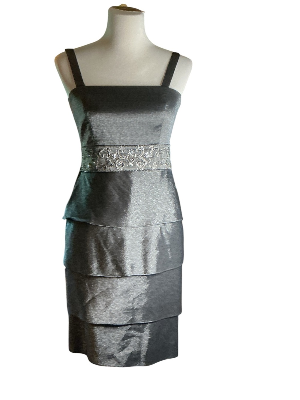 R&M Richards Silver Tiered Satin Cocktail Dress with Embellished Waistband